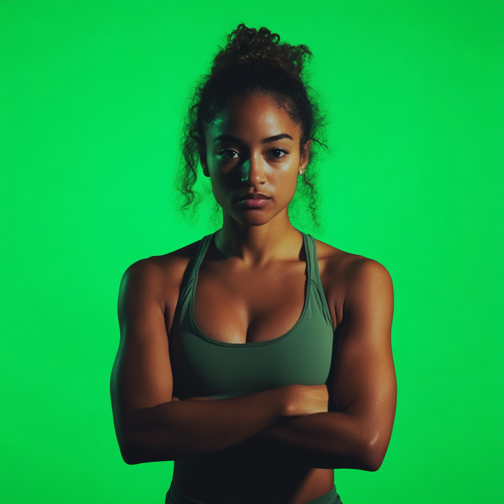a female running athlete photographed on a green screen at a sports event