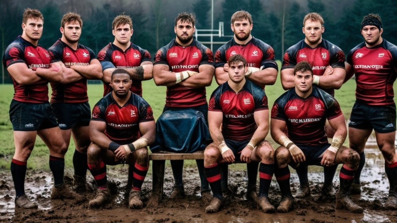 Photo Rugby team portrait, strong poses, muddy boots, powerful athletic look
