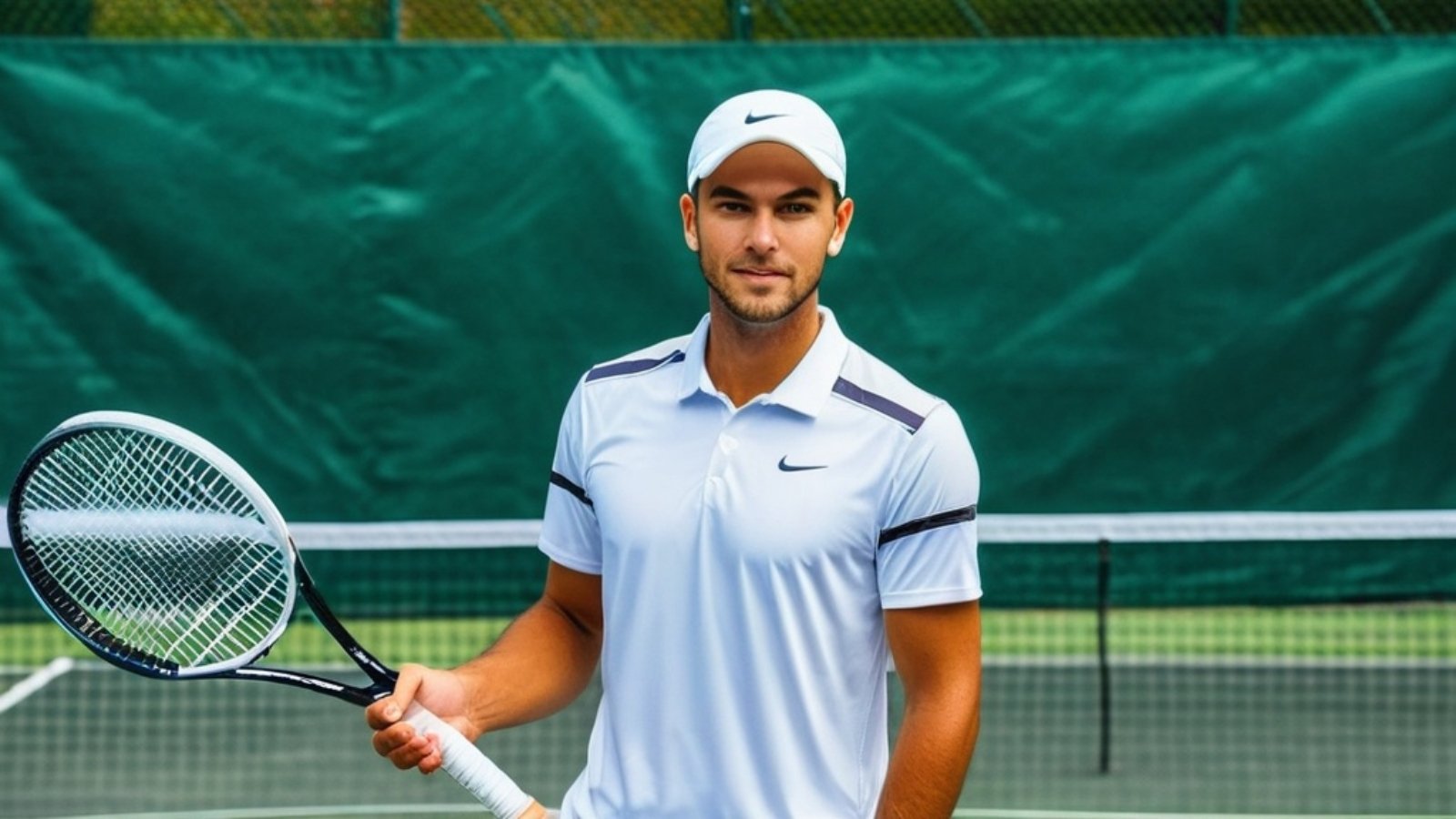 Photo Tennis club photography, player holding racket, court background