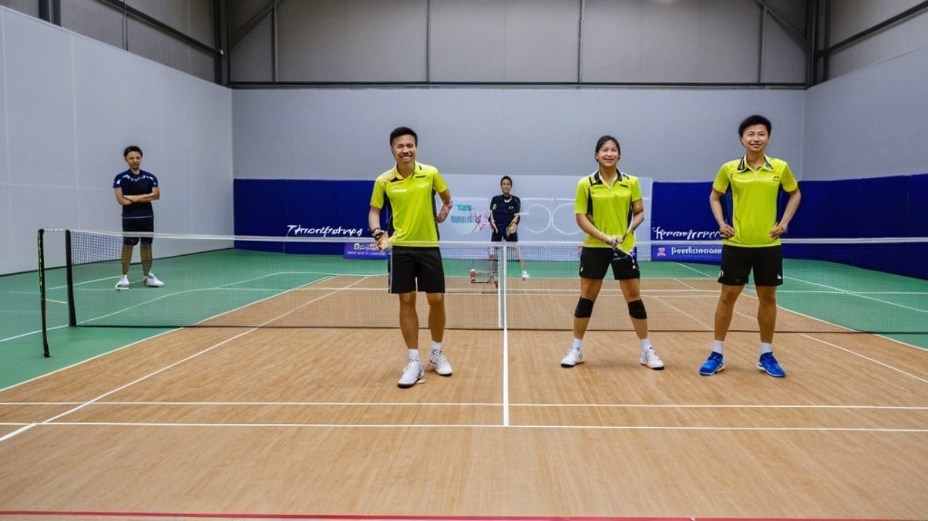 Photo Badminton team portraits, shuttlecock and rackets, clean modern look