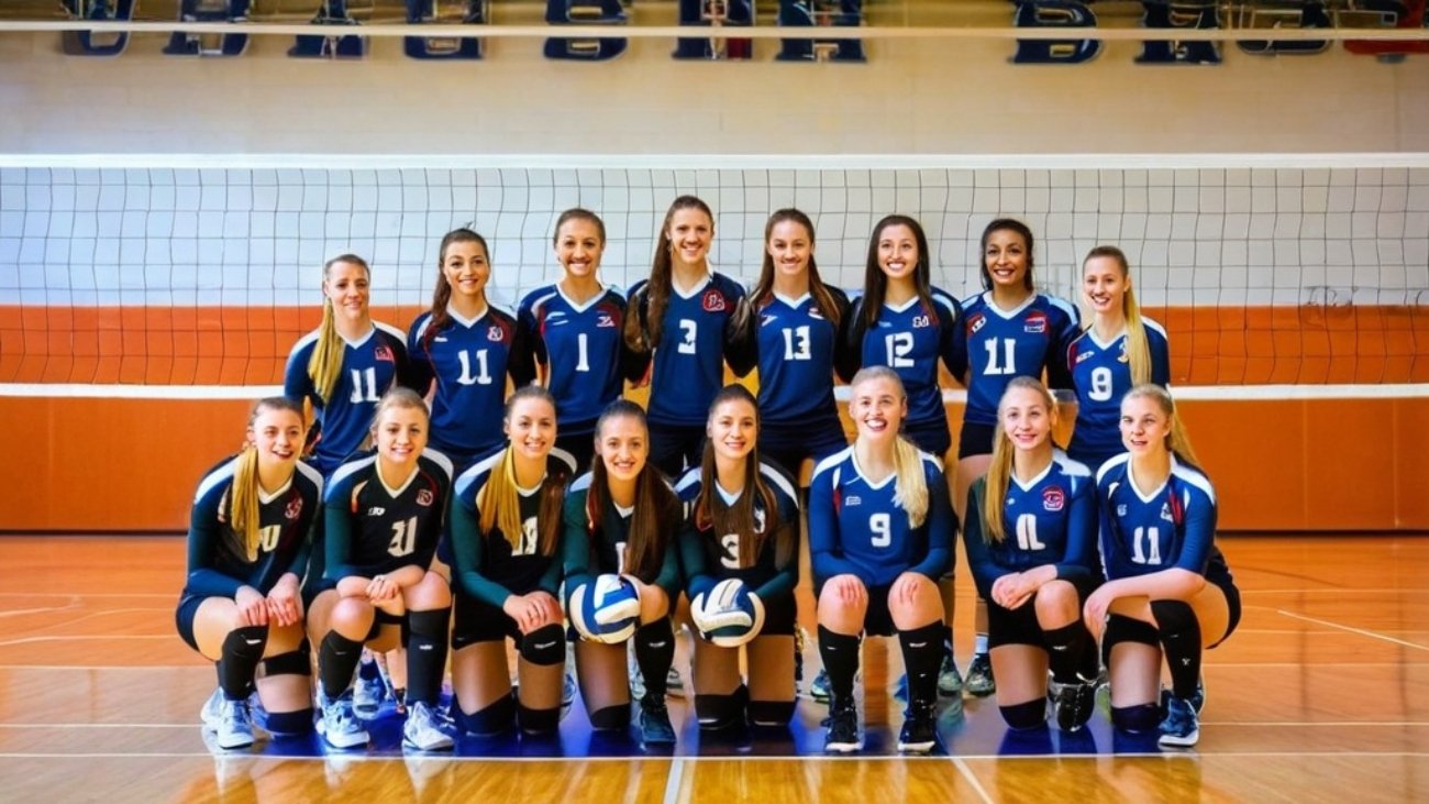 Photo Volleyball team photography, group pose with ball, sports hall setting