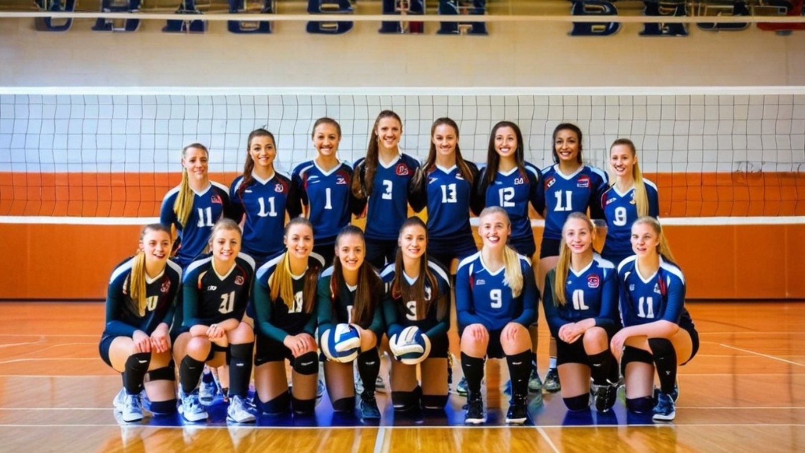 Photo Volleyball team photography, group pose with ball, sports hall setting