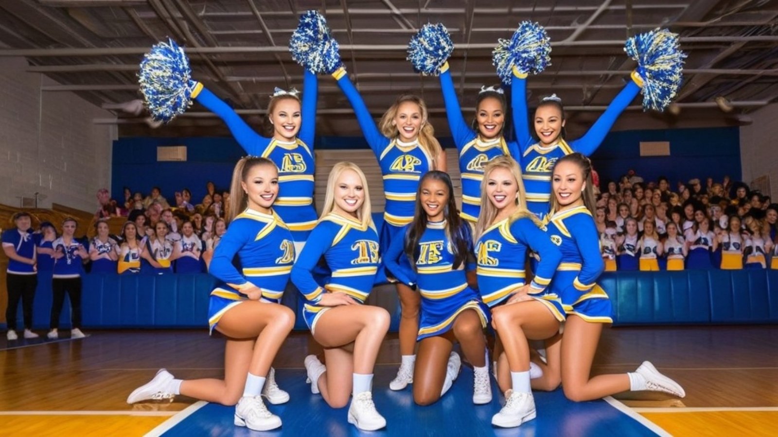 Photo Cheerleading team photography, energetic group pose, bright uniforms