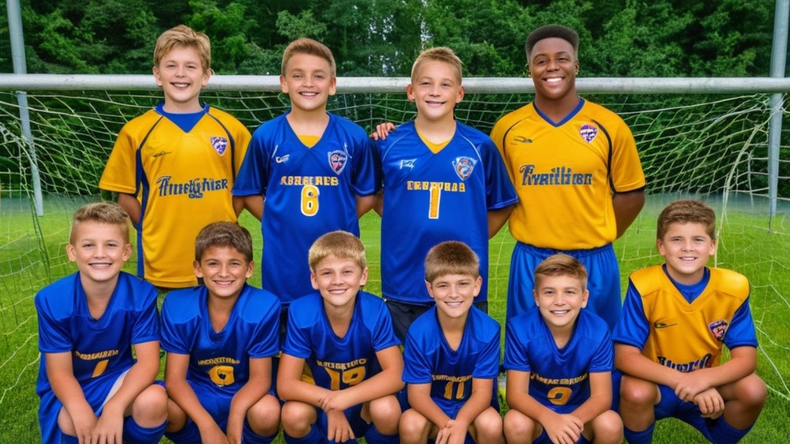 Photo Youth football team portrait, smiling players, community club atmosphere