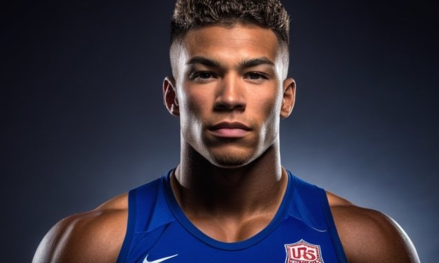 Photo Individual athlete portrait, strong confident pose, studio sports lighting