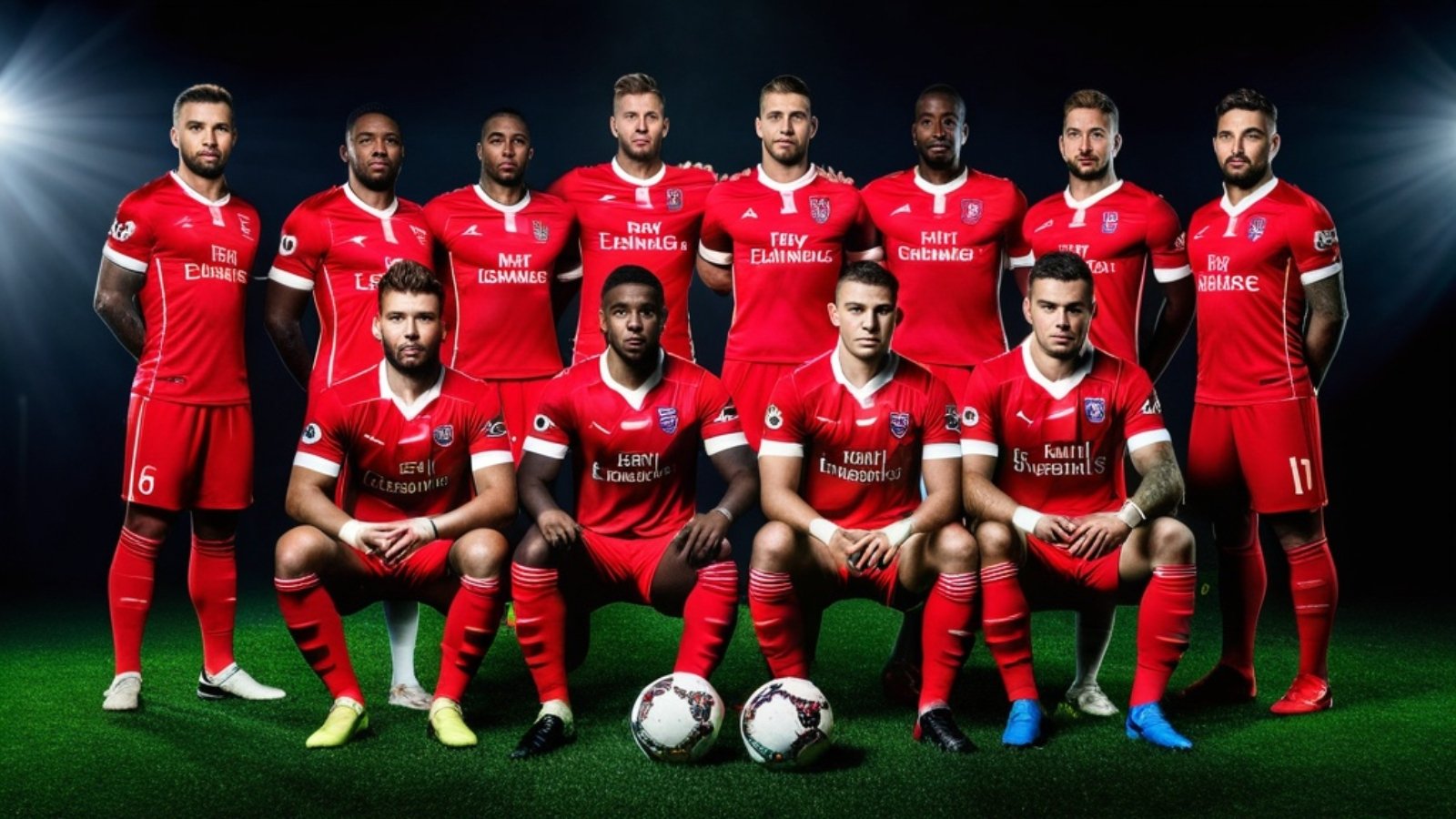 Photo Football team portrait, players in full kit, dramatic studio lighting, club branding