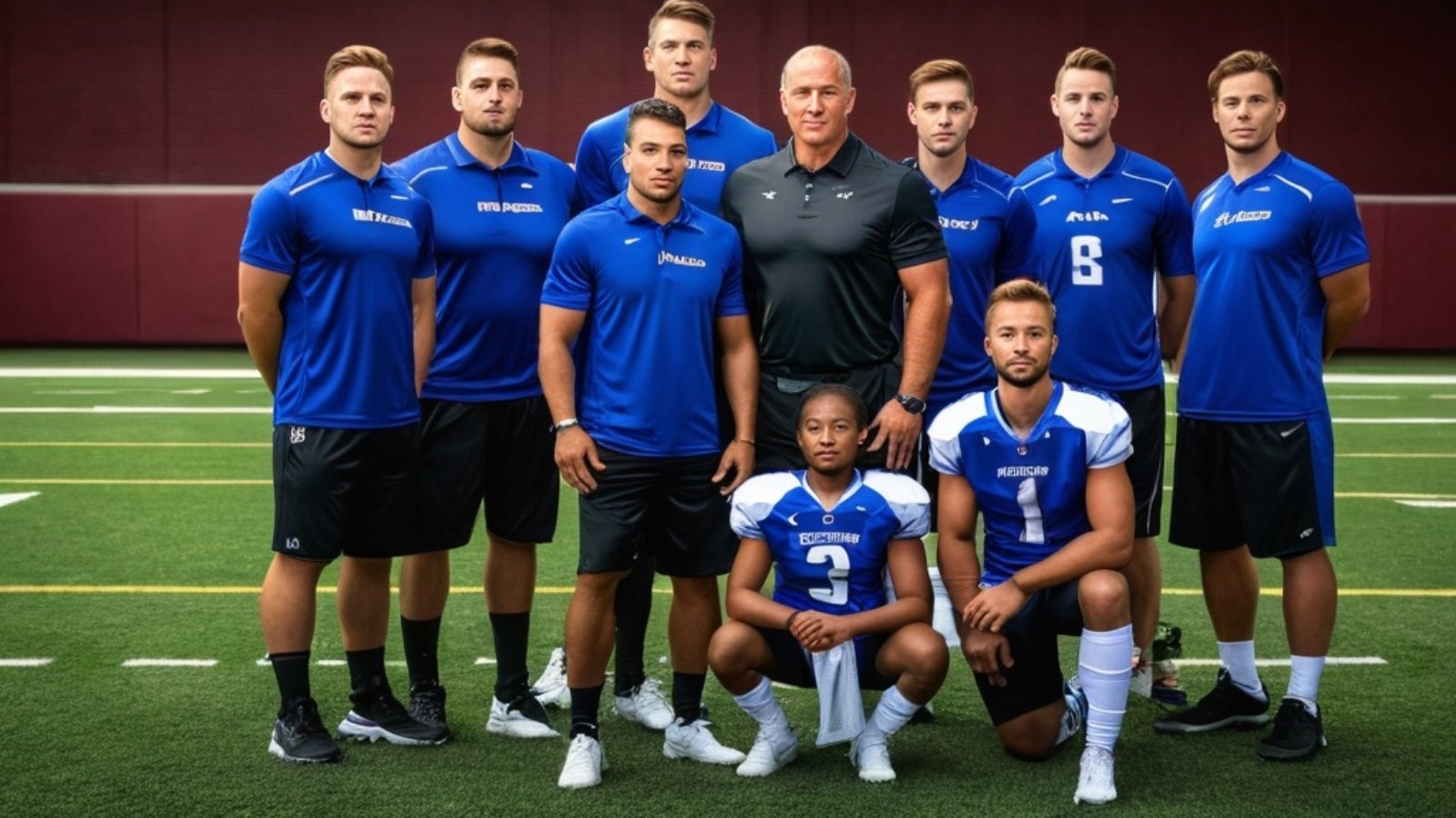 Photo Coach and team portrait, leadership focus, professional sports feel