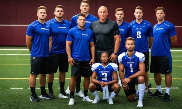 Photo Coach and team portrait, leadership focus, professional sports feel