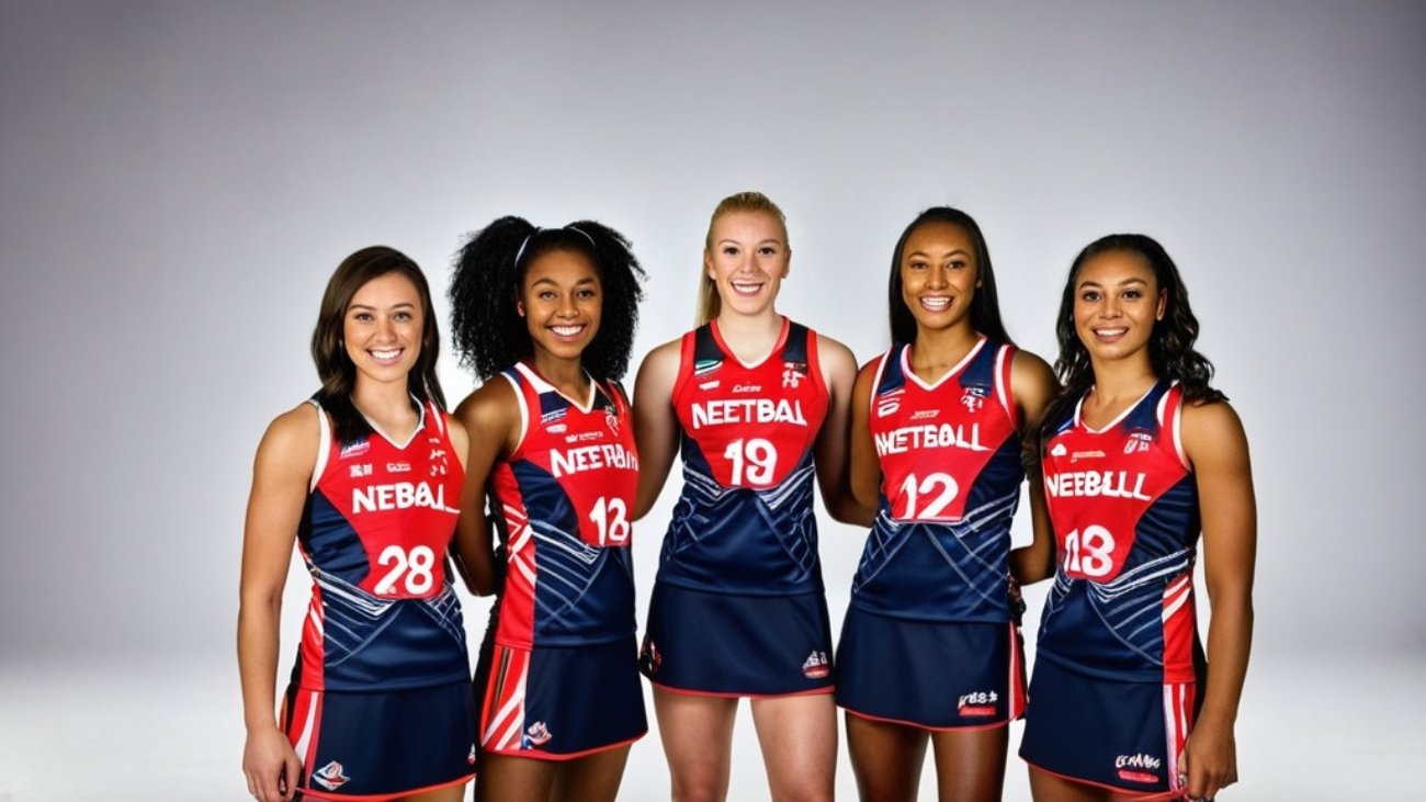 Photo Netball team portrait, athletes in action poses, clean studio backdrop