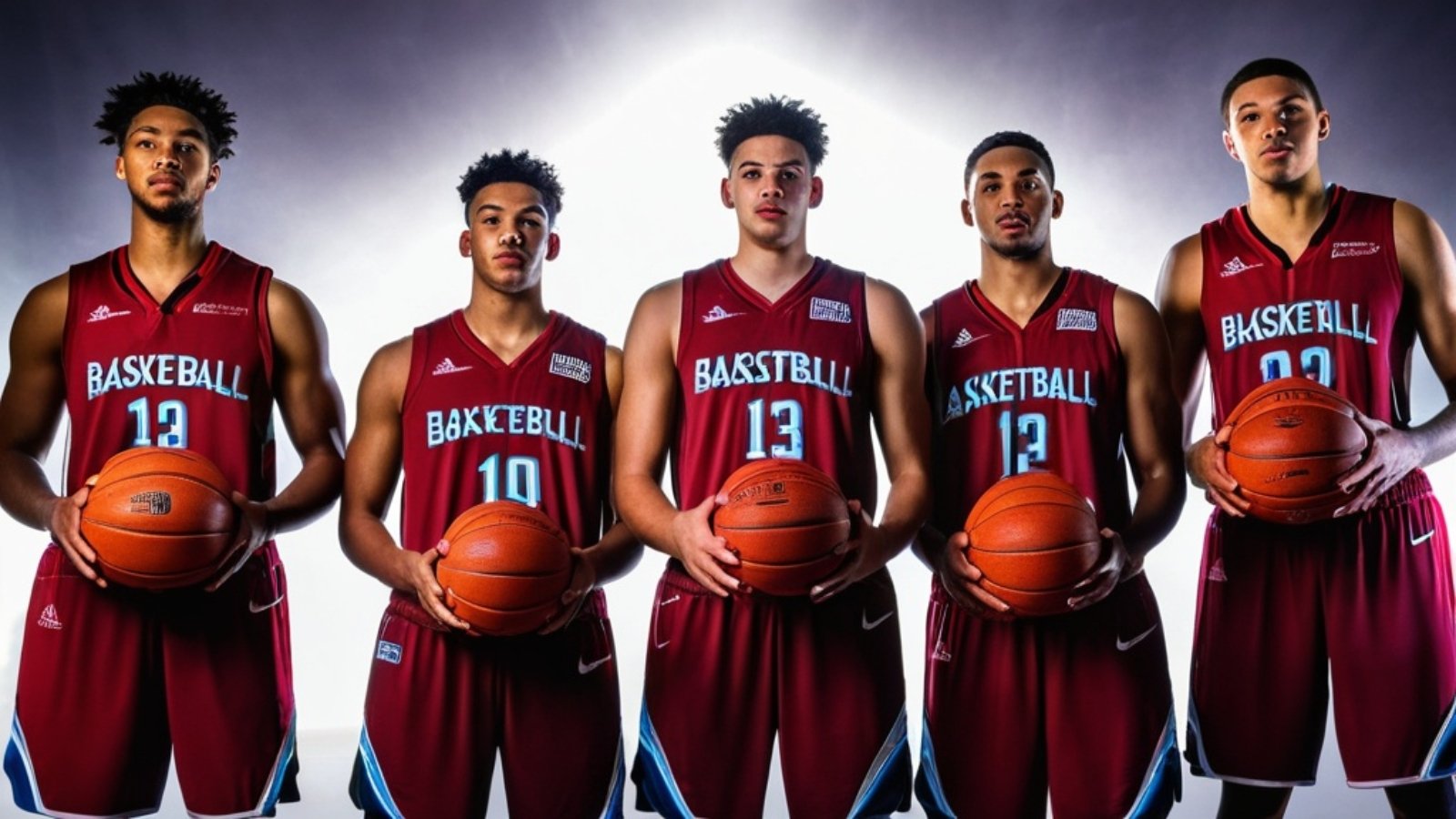 Photo Basketball team portrait, players holding basketballs, bold lighting