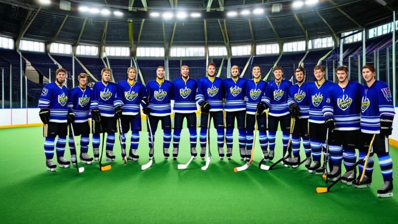 Photo Hockey team photography, players with sticks, artificial turf background