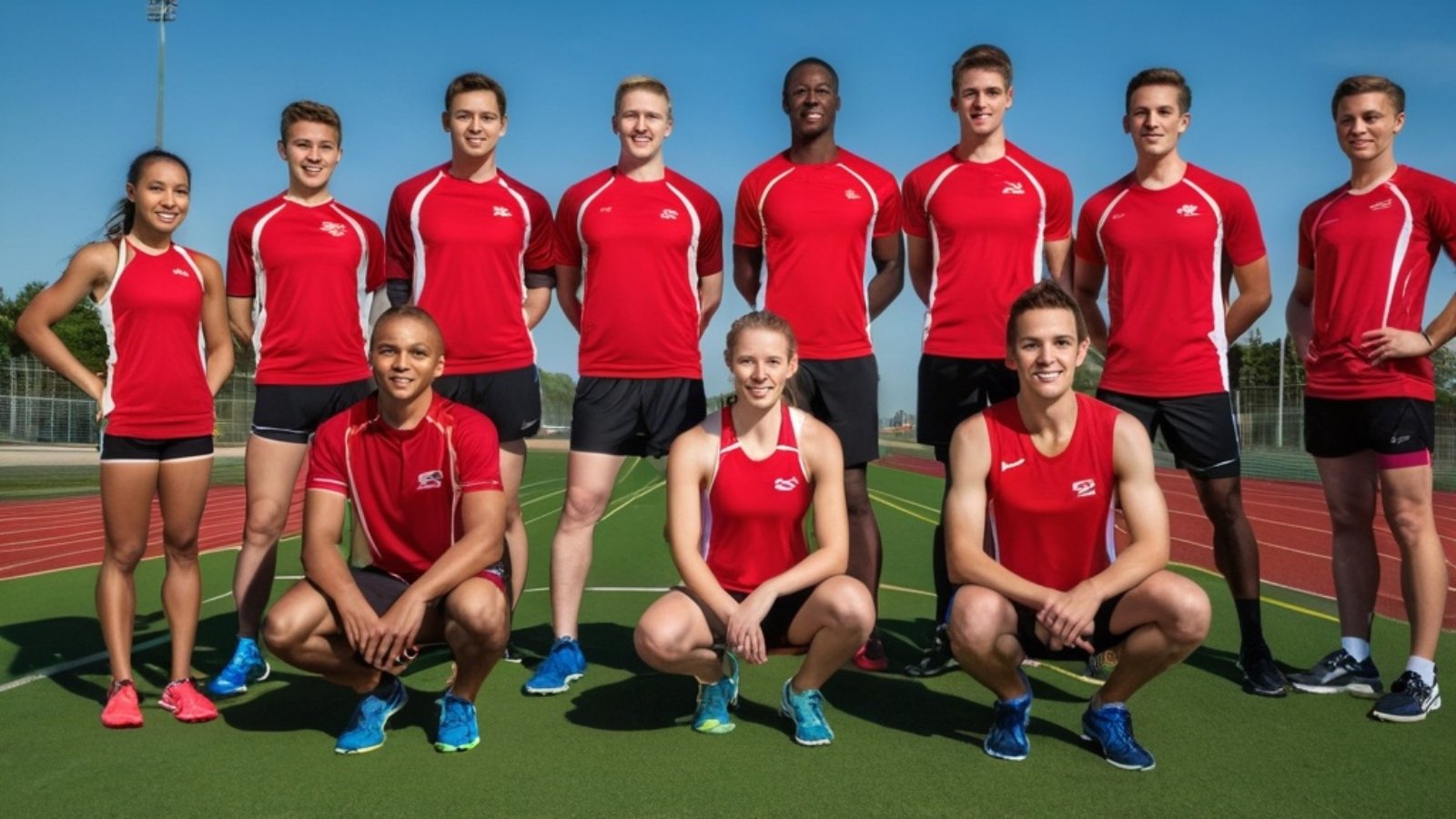 Photo Athletics club portraits, runners posed confidently, track setting