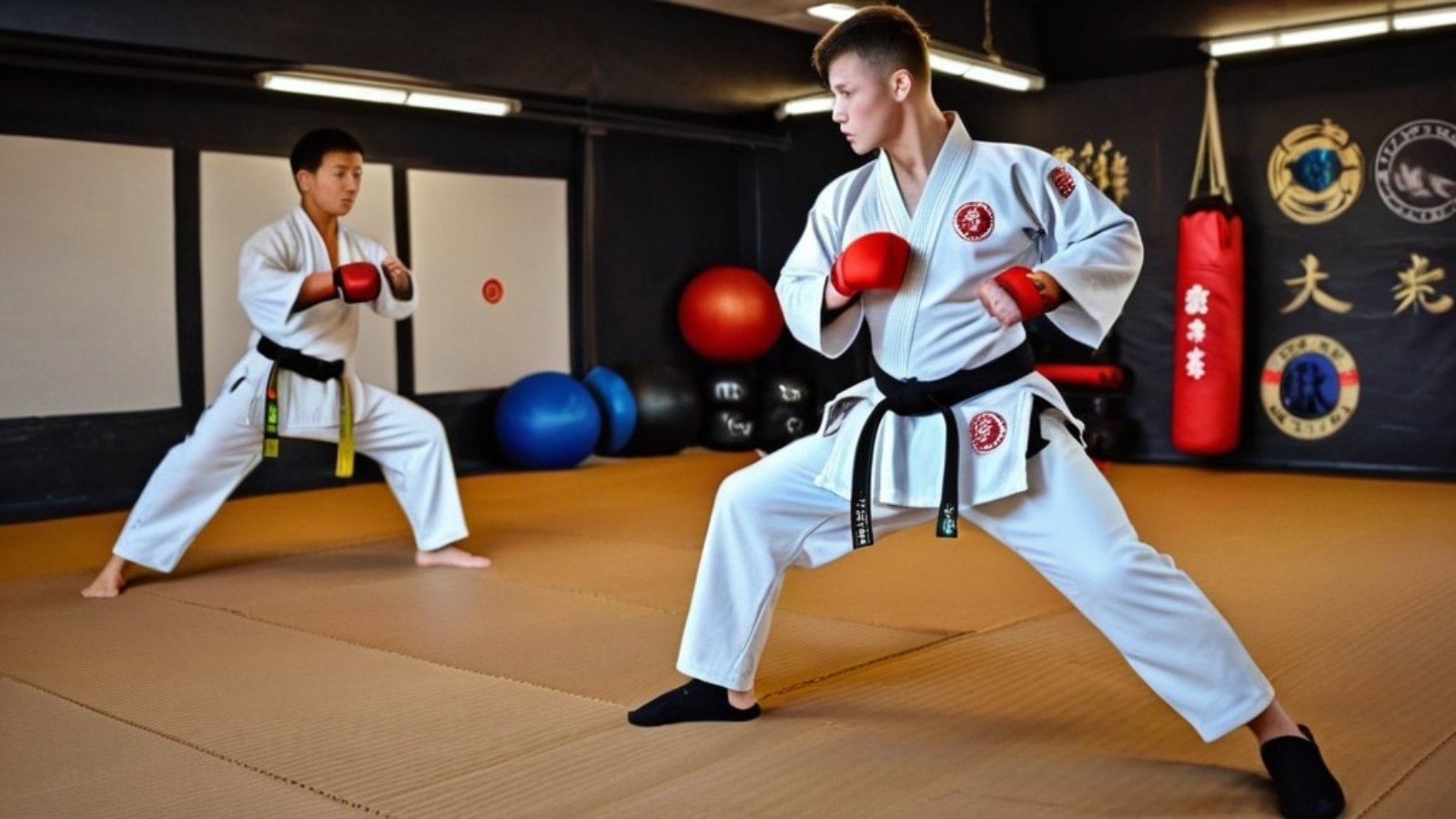 Photo Martial arts club photography, disciplined stances, dojo background