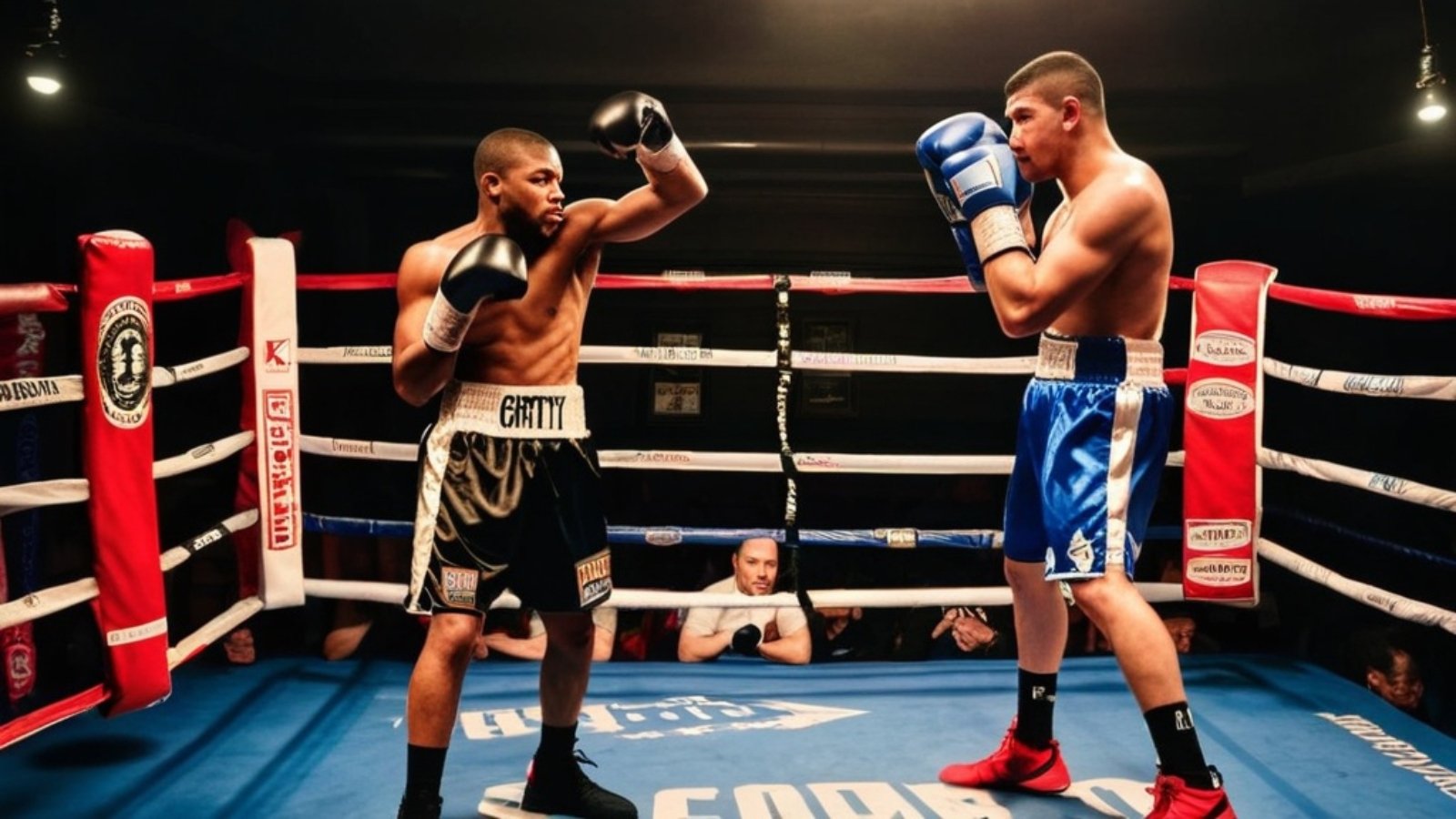 Photo Boxing club portraits, fighters with gloves raised, gritty lighting style